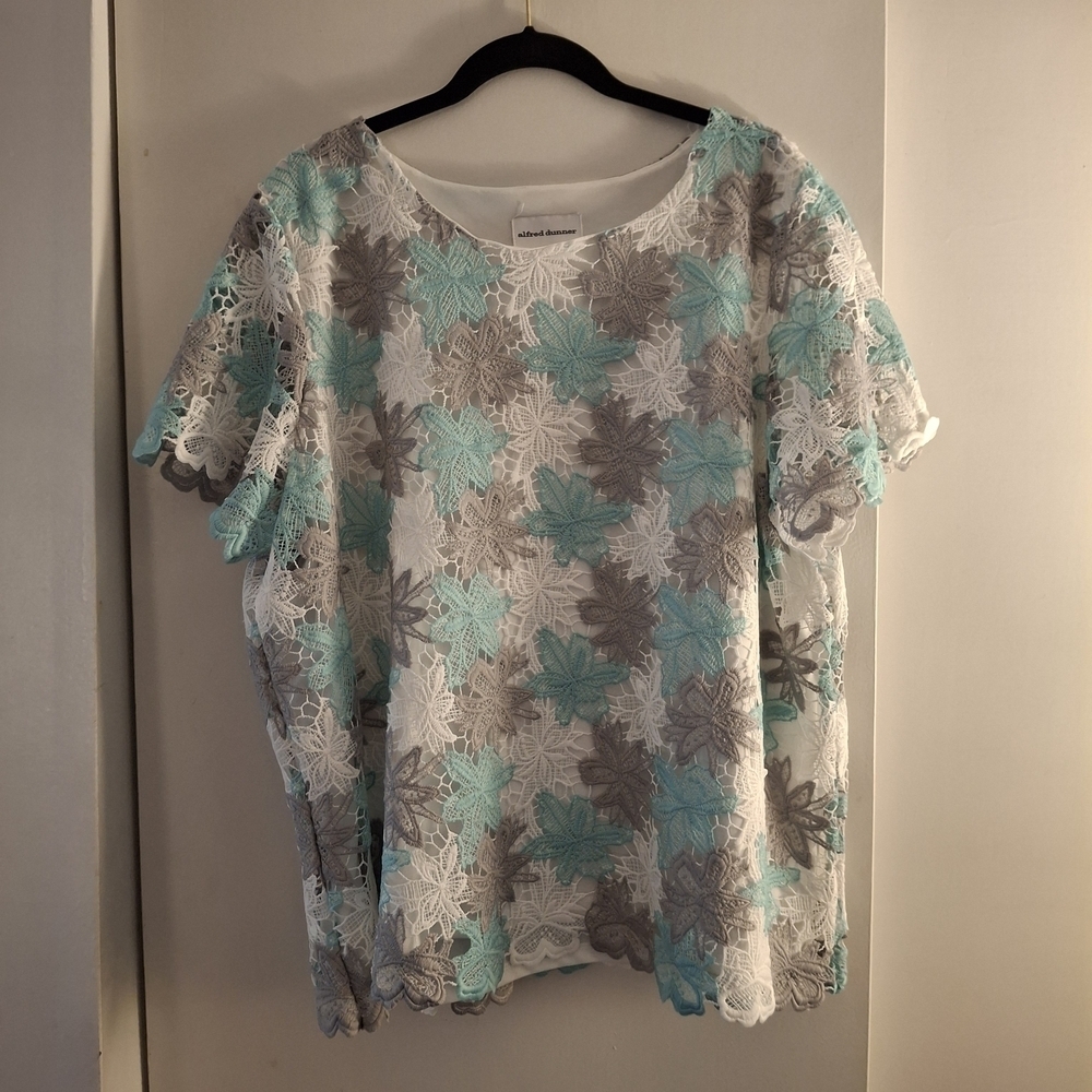 Alfred Dunner Women's Aqua and Gray Lace Blouse